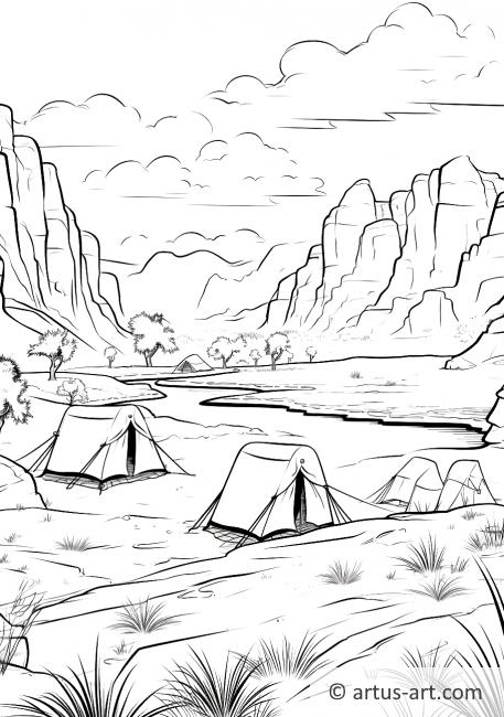 Página para colorir de oásis no deserto com tendas